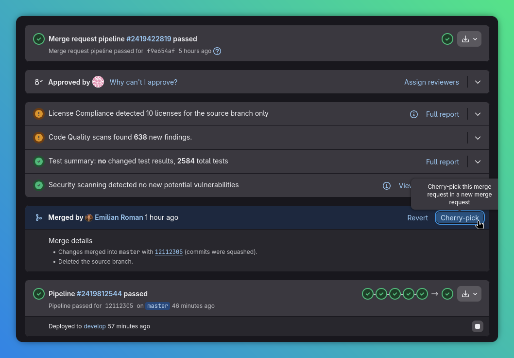 Merged merge request with the Cherry-pick action highlighted