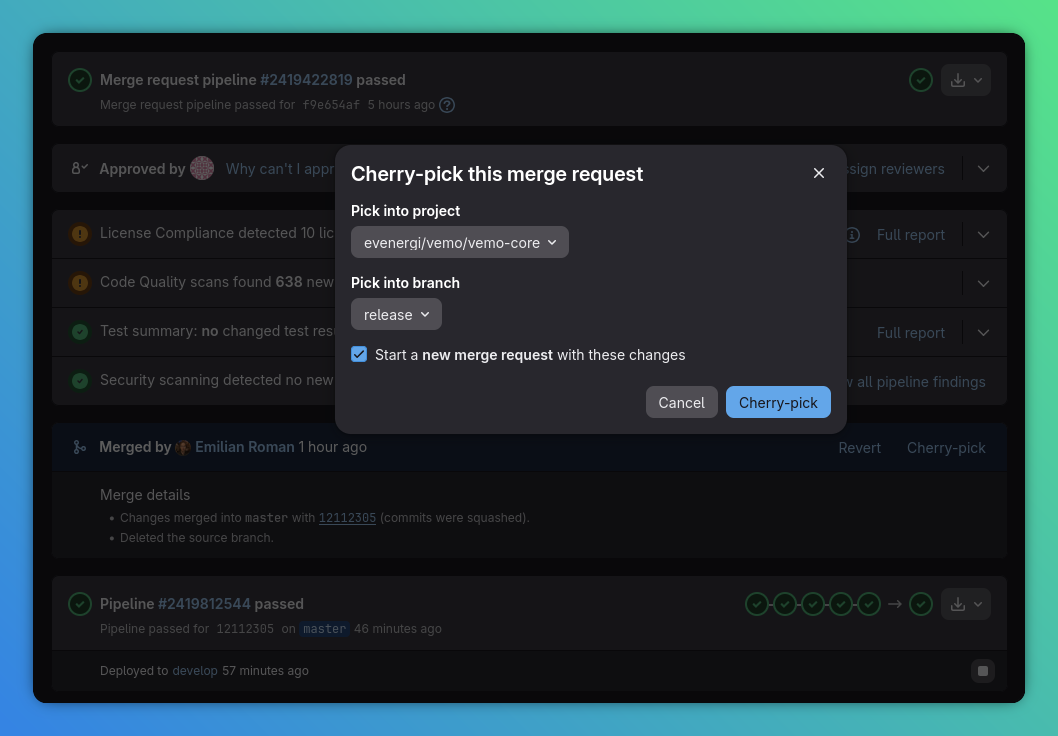 Cherry-pick dialog targeting the release branch