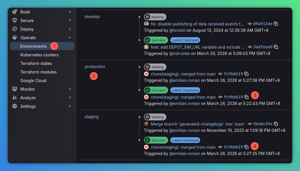 GitLab environments view showing deployed production and staging entries