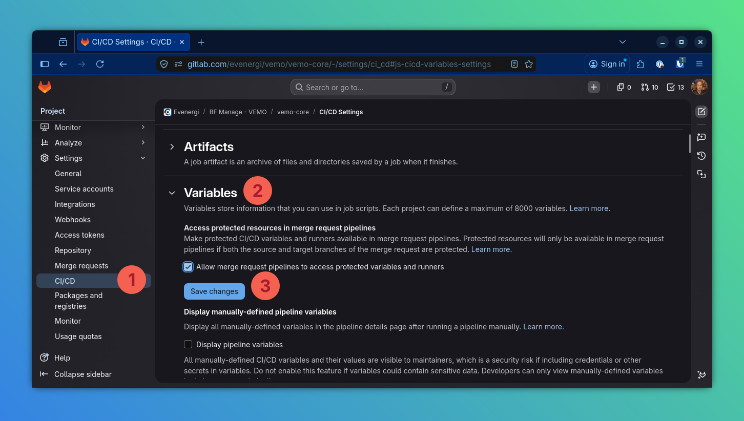 CI/CD variables settings
